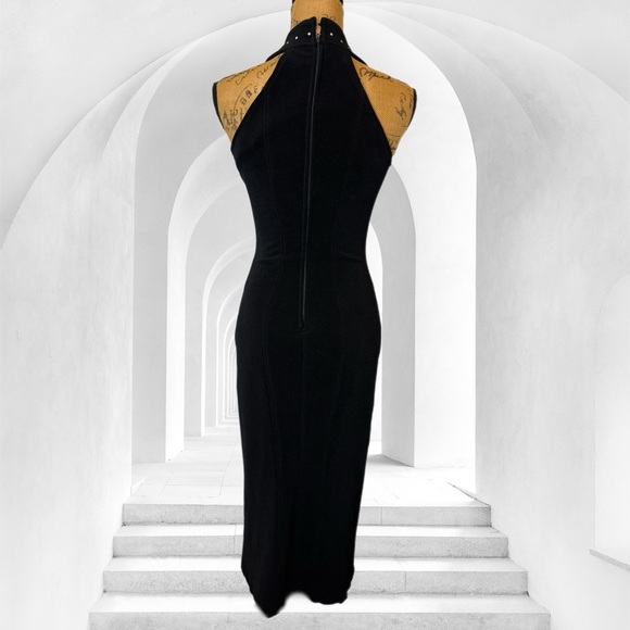 VINTAGE 90s JS Collections black halter midi dress crystal accents slit bodycon - Picture 4 of 9